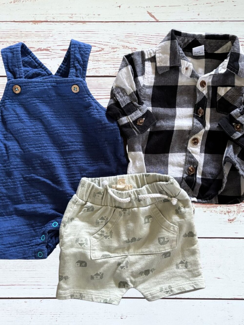 0-3 Month Baby Boy 3 Pc. Clothing Bundle - Overalls, Flannel, & Shorts